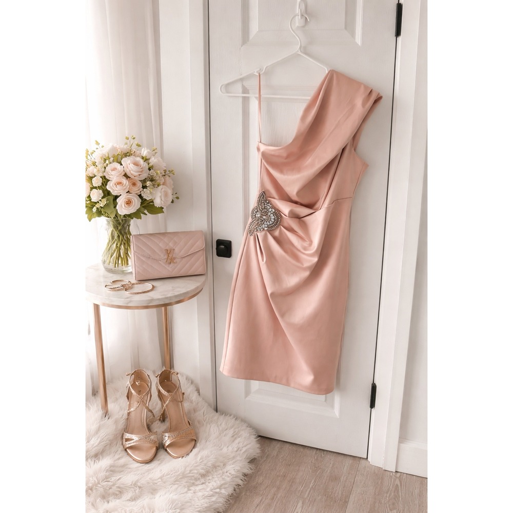 Elegant One Shoulder Satin Cocktail Dress Blush Pink Draped Rhinestone‎ Size 4